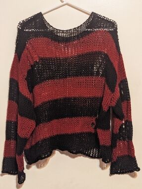 Black And Red Stripe Open Knit Crop Distressed Sweater - 3XL